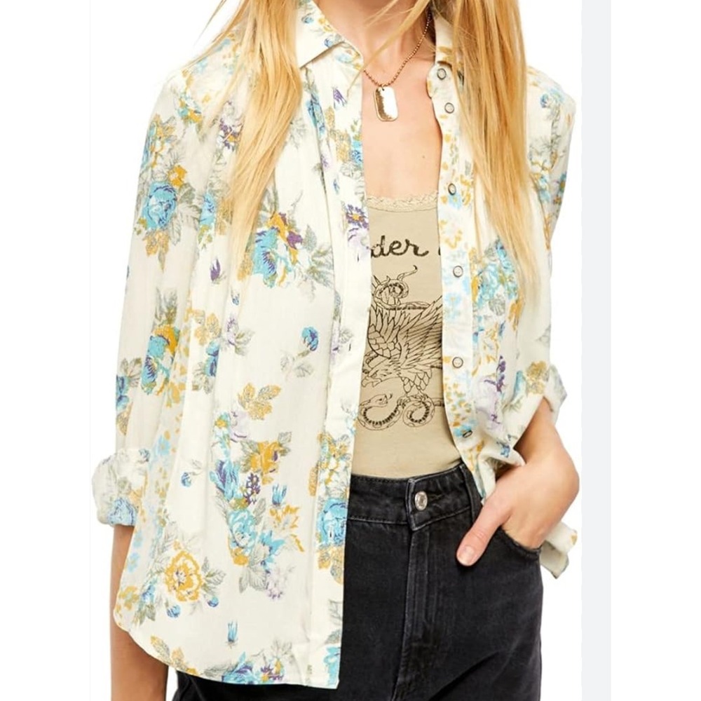 Free People Floral boho Button Down Shirt Blouse Top‎ Ivory Blue Yellow M whimsi